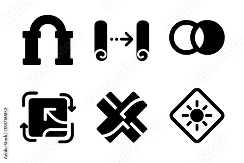 Transitional Awareness Icons. Solid style icons of transitional awareness: threshold gate pattern, connecting scroll edge, merging