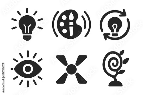 Creative Focus Icons. Solid style icons of creative focus: radiant idea bloom, artistic core pulse, inspired expansion loop,