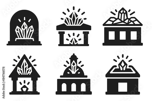 Luminous Architecture Icons. Solid style icons of luminous architecture: glowing mineral atrium, radiant quartz canopy,