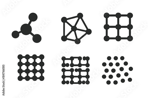 Molecular Geometry Icons. Solid style icons of molecular geometry: atom cluster shape, particle network bond, chemical lattice