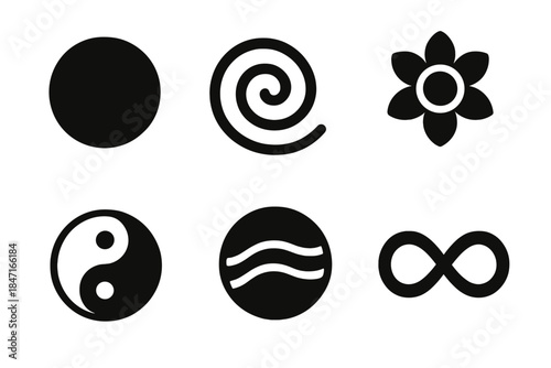 Geometric Harmony Icons. Solid style icons of meditative geometry: perfect rotation circle, centered spiral line, aligned energy