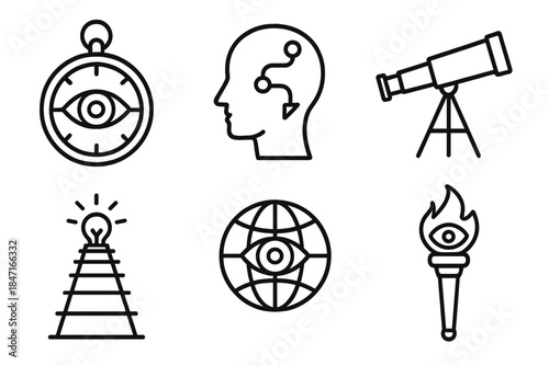 Foresight Expedition Icons. Line style icons of foresight expedition: insight compass, wisdom route, future telescope, enlightened