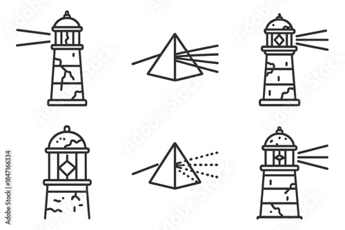 Weathered Light Tower Icons. Line style icons of weathered light tower: cracked lighthouse, prism window, aged beacon, refracted