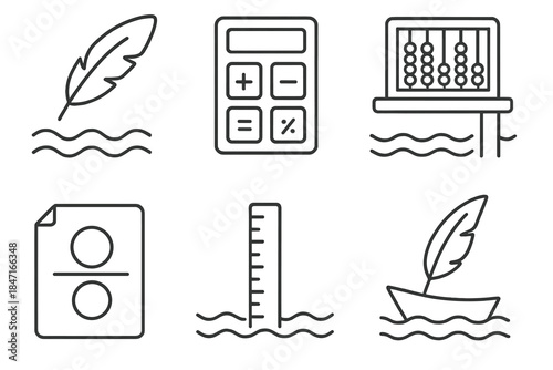 Harbor Computing Icons. Line style icons of harbor division computing: feather calculator, ink waves, docked abacus, ratio page,
