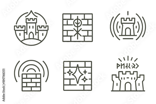 Mystical Symbol Fortress. Line style icons of mystical symbol fortress: ancient emblem, sigil wall, magic barrier, sound pulse,