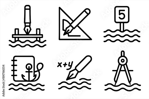 Waterfront Geometry Icons. Line style icons of pen at waterfront solving: dock pen, geometry chart, tidal numbers, anchored