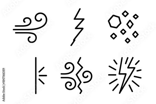 Blustery Boundary Icons. Line style icons of blustery boundary of oddities: swirling gust, jagged edge, scattered gems, bright