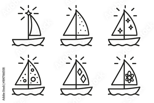 Ytterbium Yawl Icons. Line style icons of ytterbium-covered yawl: shining mast, metallic sail, rare glow, elemental coating,