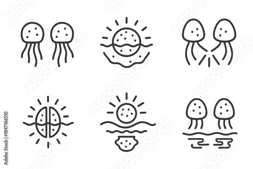 Deep-Sea Glow Icons. Line style icons of deep-sea boluses creating double images: twin glow, marine sphere, mirrored beam,