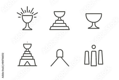 Spiritual Architecture Icons. Line style icons of spiritual cup architecture: glowing holder, pyramid base, serene vessel, radiant
