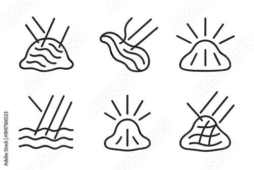 Marine Floor Icons. Line style icons of marine floor clumps with refraction: benthic shape, radiant twist, underwater ray,