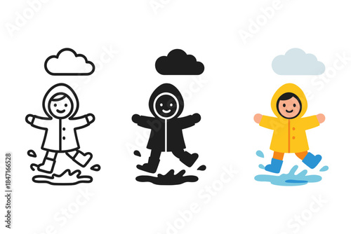 Child Jumping in Puddles. three minimal vector icons of a child in raincoat jumping in puddles on a cloudy day, line outline style