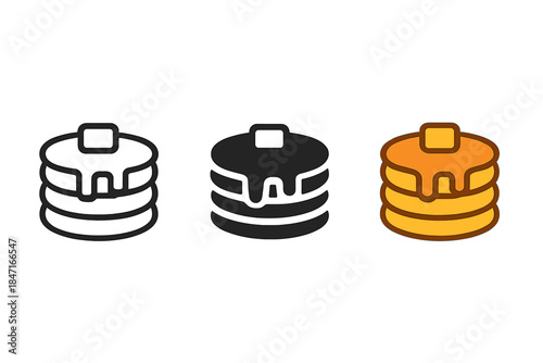 Pancake Icon Trio. three minimal vector icons of three pancakes stacked with butter pat and dripping syrup, line outline style,