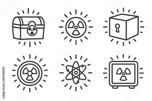 Radiant Nuclear Icons. Line style icons of nuclear-illuminated secret containers: radiant chest, glowing radiation mark, secure