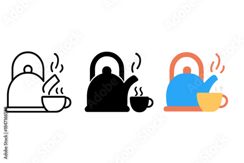 Steaming Kettle Icons. three minimal vector icons of a steaming kettle with whistle sound and teacup beside, line outline style,