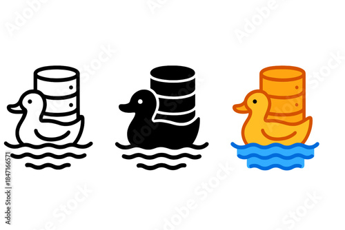 Duck Data Icons. three minimal vector icons of a duck in reservoir reflecting structured data storage, line outline style, solid