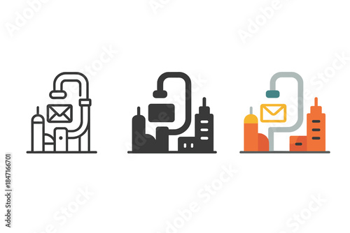 Futuristic Town Icons. three minimal vector icons of a futuristic town connected by pneumatic tubes symbolizing communication,