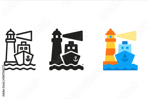 Ship Approaching Harbor Icons. three minimal vector icons of a ship approaching harbor guided by a lighthouse beam, line outline