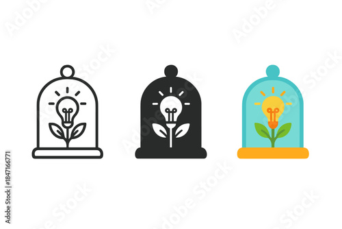 Glass Bell Jar Icons. three minimal vector icons of a glass bell jar symbolizing preservation and awakening of ideas, line outline