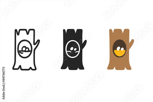 Tree Trunk Icons. three minimal vector icons of a hollow tree trunk containing a small nest with eggs, line outline style, solid