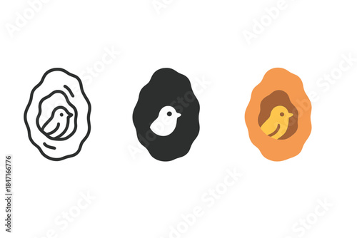 Nesting Icons Evolution. three minimal vector icons of an organic cavity nest depicting the cycle of nesting and storytelling,