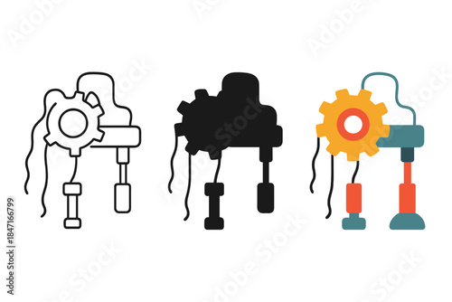 Frozen Procrastination Machine. Abstract procrastination mechanism frozen mid-motion with dangling wires and stalled pistons,