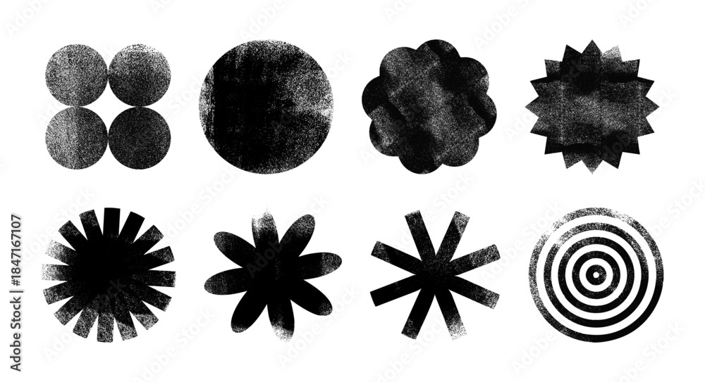 Naklejka premium Set of grunge postage stamp geometric shapes with ink roller texture, circle, flower, star. Letterpress vintage figures. Linocut relief printing vector illustration isolated on transparent background