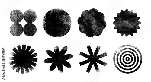 Set of grunge postage stamp geometric shapes with ink roller texture, circle, flower, star. Letterpress vintage figures. Linocut relief printing vector illustration isolated on transparent background