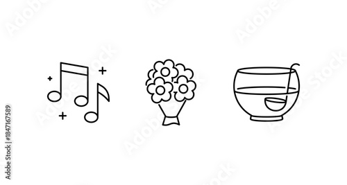 Simple line icons representing music notes, a flower bouquet, and a punch bowl with ladle