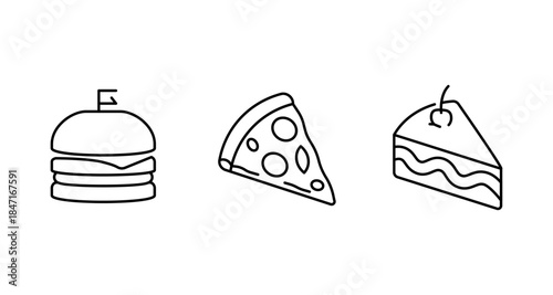 Simple line art icons of a burger, pizza slice, and cake slice on a white background