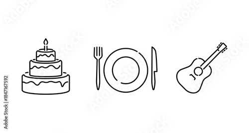 Celebration icons: cake, place setting, and guitar on a white background