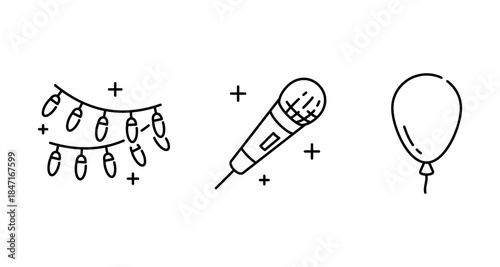 Simple line art icons of party elements: string lights, microphone, and balloon