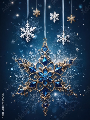 Ornamental Christmas snowflake on blue background. Design for christmas cards, greetings, festive illustrations, blogs, social media posts, lifestyle magazines, digital wallpapers, web backgrounds