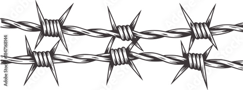 Black and white barbed wire line barbs spikes