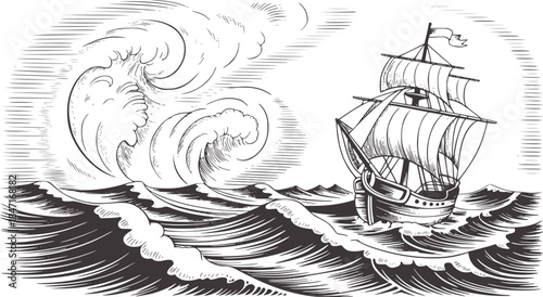 Black and white etching of a sailing ship in stormy seas with large waves