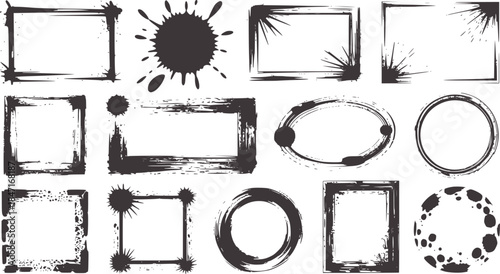 Black and white grunge frames and ink splatters collection
