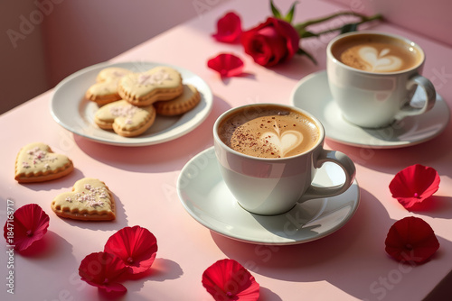 Valentines Coffee Still Life. Romantic Cafe Coffee Cup. Heart Cookies And Rose Petals. Valentines Day Cafe Concept