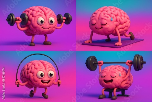 Cute 3D brains lifting weights, jumping rope, yoga for mental resilience and brain training on vibrant gradient background