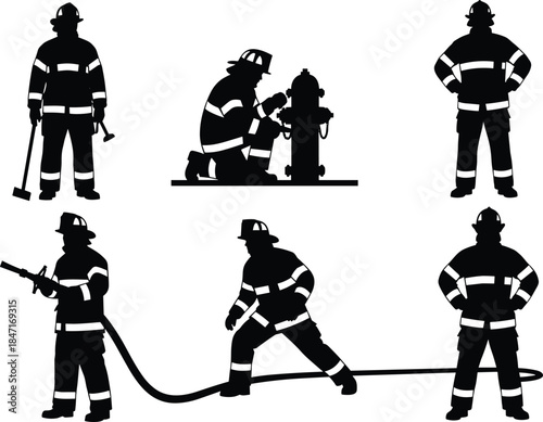 Firefighter and rescue silhouette set, black and white fireman, hydrant, hose, uniform, safety, emergency vector graphics, occupation, service, career.