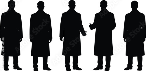 Full-length men in trench coat silhouettes, black and white male figures, long overcoats, fashion, style, spy vector set, detective, business, mysterious.