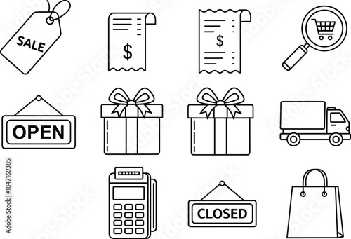 Retail and shopping line icon set, modern e-commerce graphics, sale tag, delivery truck, store status, payment terminal, business, consumerism, design assets.