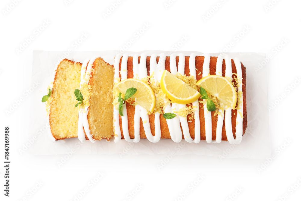 Fototapeta premium Delicious lemon cake with glaze, fresh fruit slices and mint isolated on white, top view