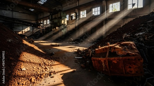 Sunbeams illuminate an abandoned industrial warehouse filled with debris and piles of earth.