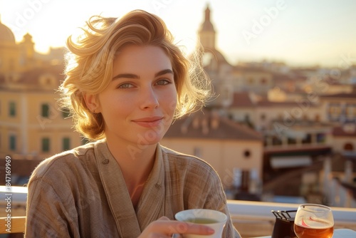 Dreamy Vista of Beauty and Contemplative Serenity with Skyline at Sunset, Soft Colors and Light