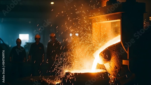 Molten metal is poured into a mold by workers in a foundry, with sparks flying.