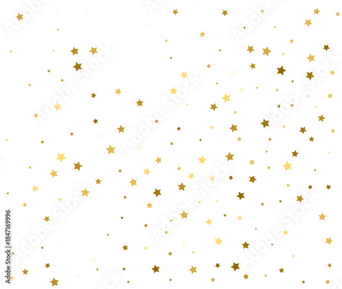 Gold stars background. Falling golden confetti on white. Festive celebration vector illustration