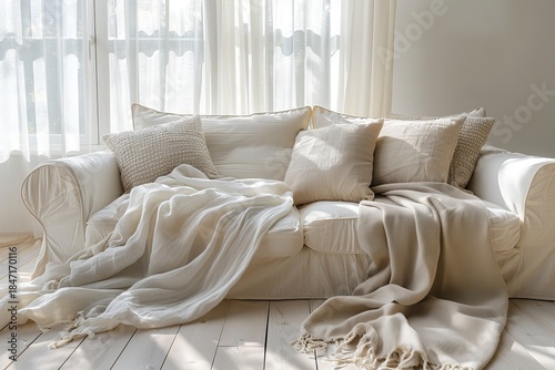 Serenity in Neutral Shades Cozy Home Textile Decor with Cushions and Bright, Sunny Curtains