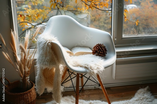 Cozy Autumn Reading Nook Minimalist Chair with Soft Wool Blanket and Open Book in Tranquil Setting
