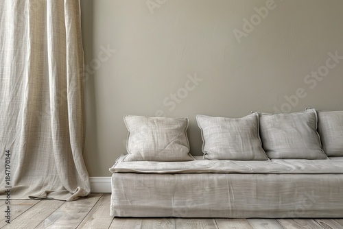 Bright and Serene Scandinavian Interior Featuring a Cozy Linen Divan and Minimalist Decor Style