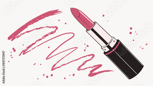 Red lipstick and brush on white background for beauty and makeup fashion
